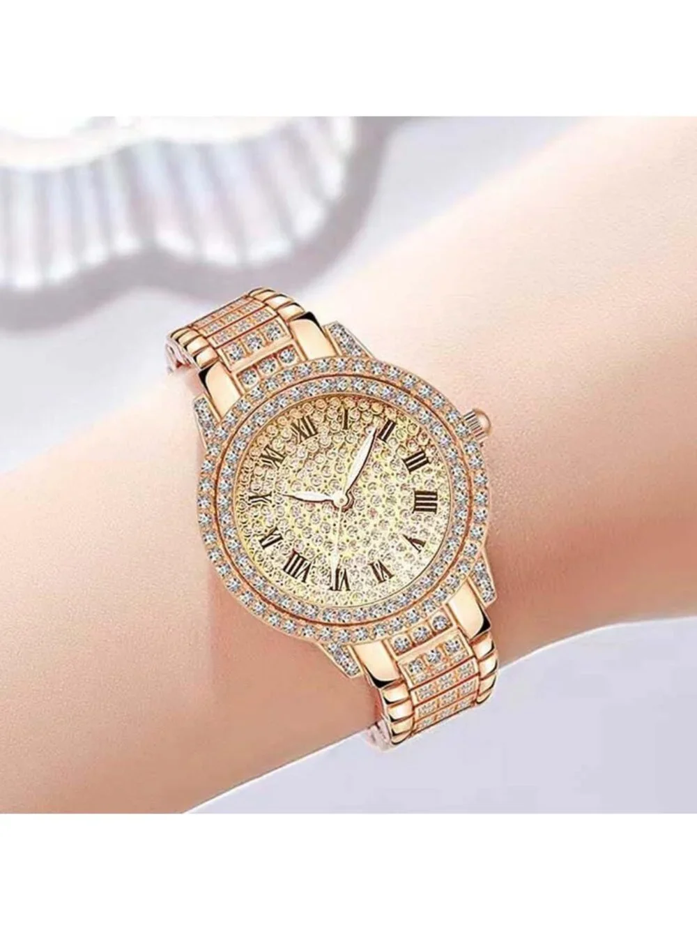 Women's Gold Luxury Full Diamond Bling Rhinestone Quartz Crystal Wrist Watches